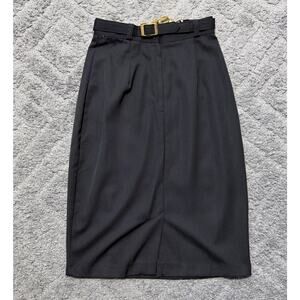 Vtg 70s-89s Jay Peters Belted Mid Skirt Womens S 7/8 Stretch Black Made In USA